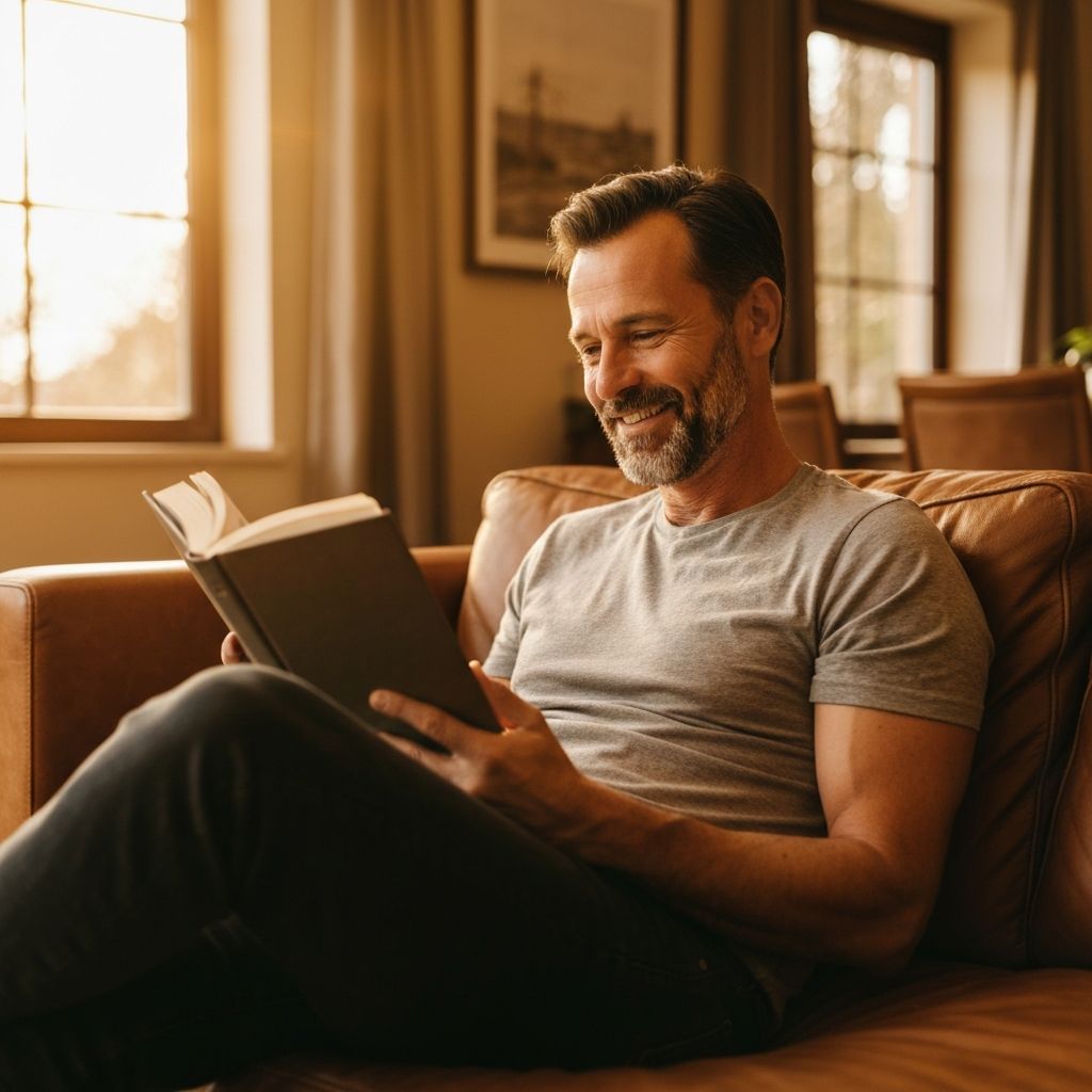Middle-aged man reading in a peaceful setting